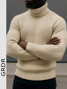 GRDR 男士时尚百搭纯色高领长袖毛衣，秋冬款 - 杏色 - 查看 1