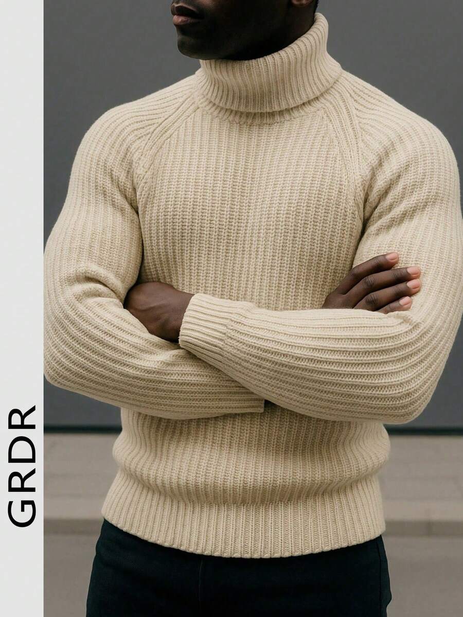 GRDR 男士时尚百搭纯色高领长袖毛衣，秋冬款 - 杏色 - 查看 1