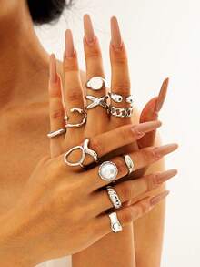 5件/12件套简约奢华不对称几何珍珠戒指套装，女士款，复古光滑表面，适合派对、送礼。