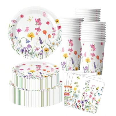 10件套野花图案餐盘和餐巾纸，包含7/9英寸餐盘、纸杯和餐巾纸，花卉纸盘，野花图案餐巾纸，适合春夏派对、野餐、婚礼、生日派对、下午茶、节日派对等场合。