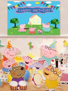 Peppa Pig 卡通主题家庭生日派对装饰，摄影道具，流苏生日横幅，生日背景布 - 彩色 - 查看 2