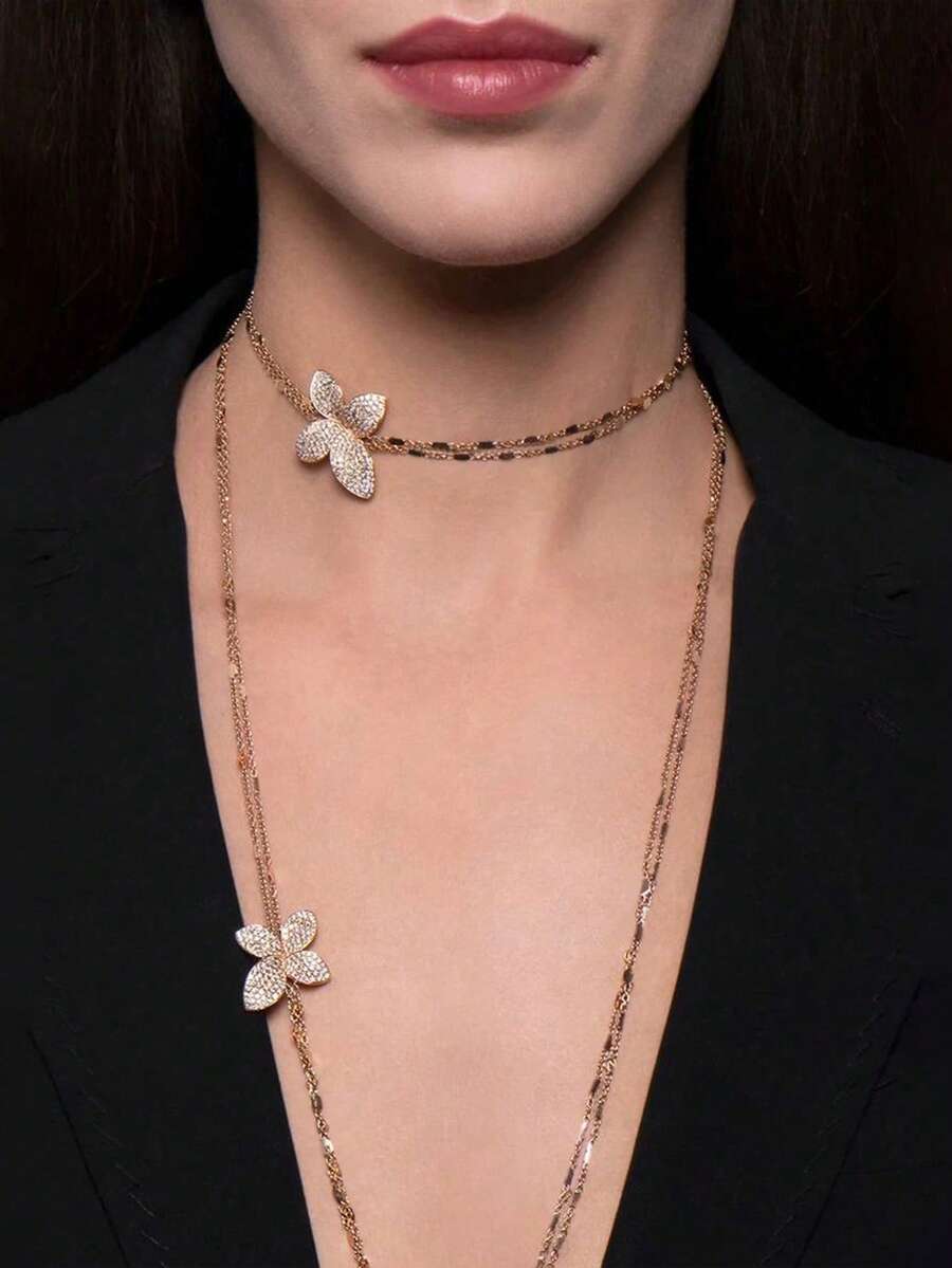 1 件花瓣吊坠项链，双层水晶项链，优雅女士派对珠宝 - 花朵 - 查看 1