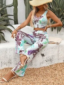 2pcs/Set Women's Tropical Print V-Neck Sleeveless Top And Wide Leg Pants Suit, Elegant Vacation Casual Outfit, Summer - Green - View 4