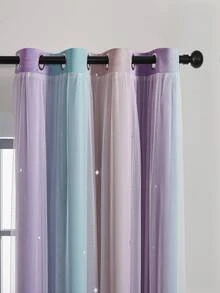 1 rèm che nắng hình ngôi sao rỗng, rèm cách nhiệt hai lớp cho phòng ngủ, rèm ren công chúa lãng mạn chống tia UV - xanh tím hồng - Xem 7