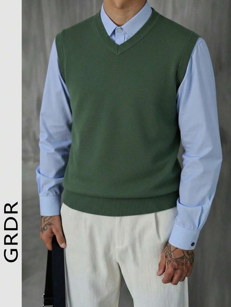 Chaleco de punto casual y versátil de unicolor con cuello en V para hombre GRDR