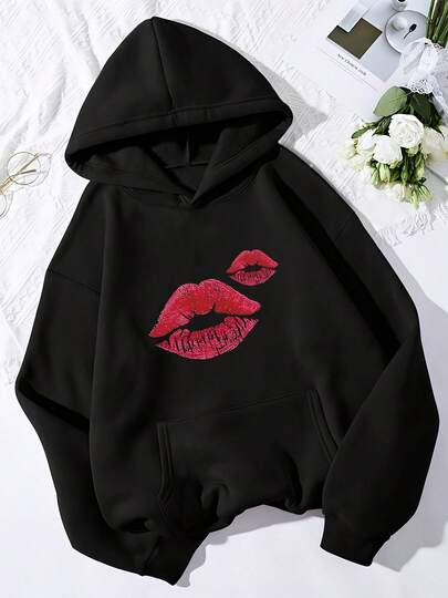 KISS Lips Print Thermal Sweater Autumn Winter Women's Fashion Hoodie Fleece Lined Thick Pullover Long Sleeve Hooded Sweatshirt