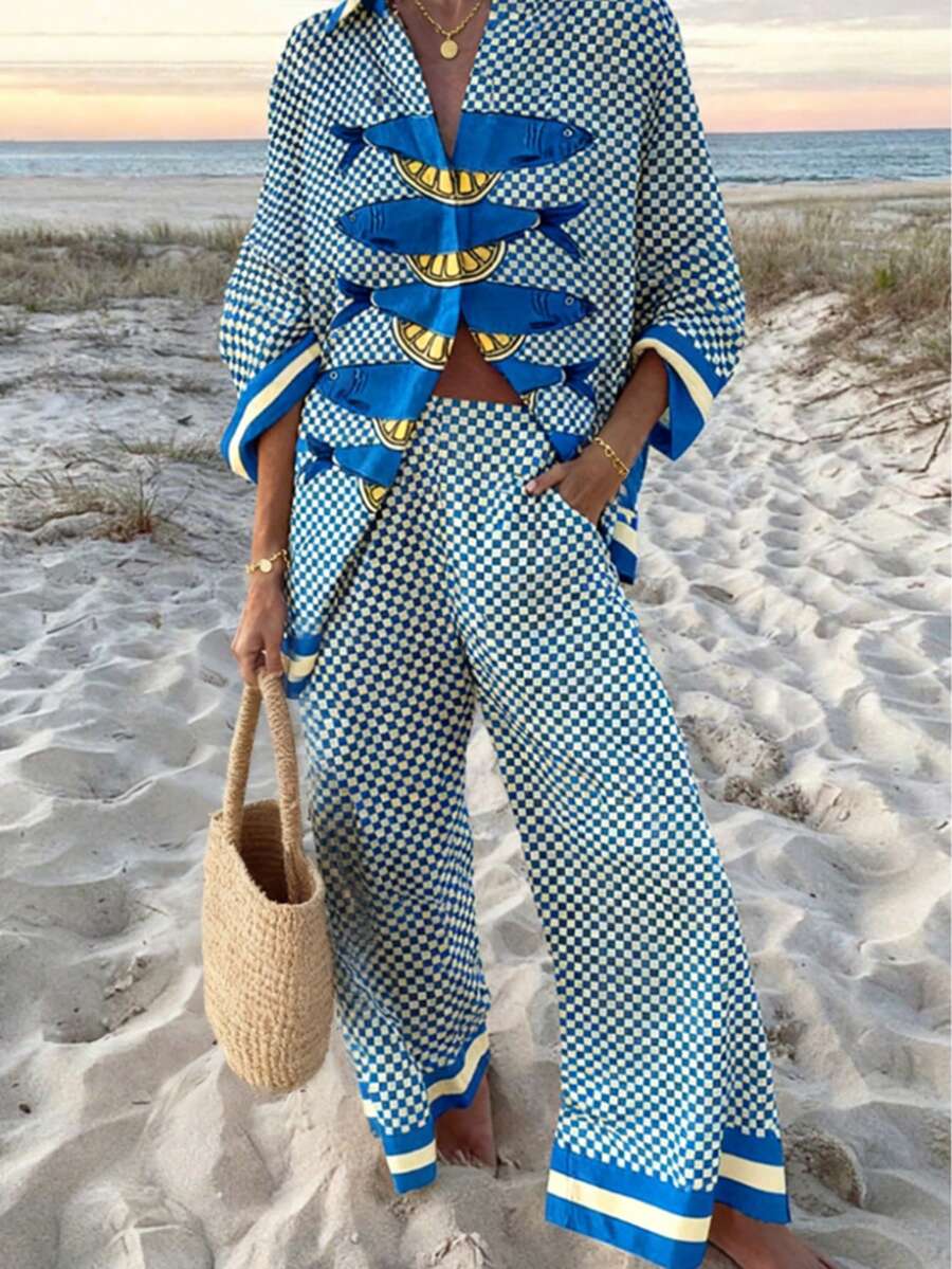 海滩度假秋冬女装超大时尚休闲蓝白格子撞色柠檬沙丁鱼印花长袖长裤两件套
