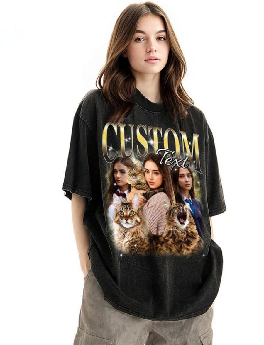 Custom Cat Mom Bootleg Rap Vintage Shirt, Personalized Your Pet Graphic T-Shirt, Custom Pet Photo Re - màu đen - Xem 1