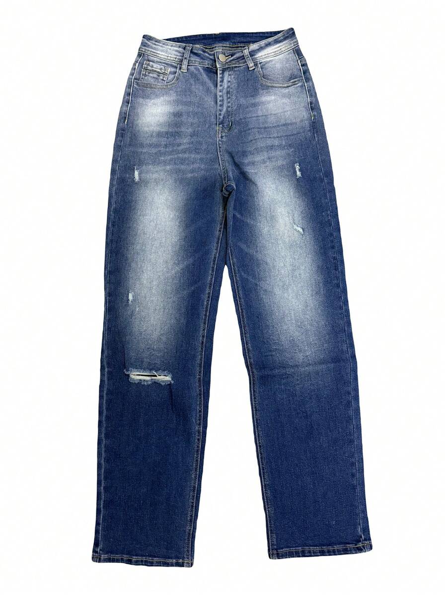 European & American Street Style Ripped & Distressed Washed Blue Women Straight Leg Jeans - Blue - View 1