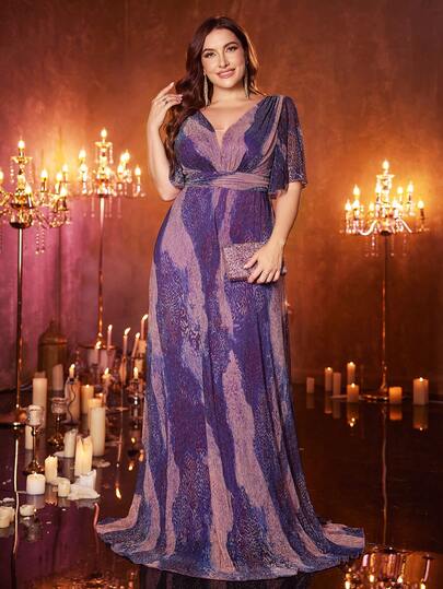 Vestido elegante de noche/dama de honor con escote en V, mangas con volantes, espalda descubierta y detalles brillantes, talla grande, corte aleatorio