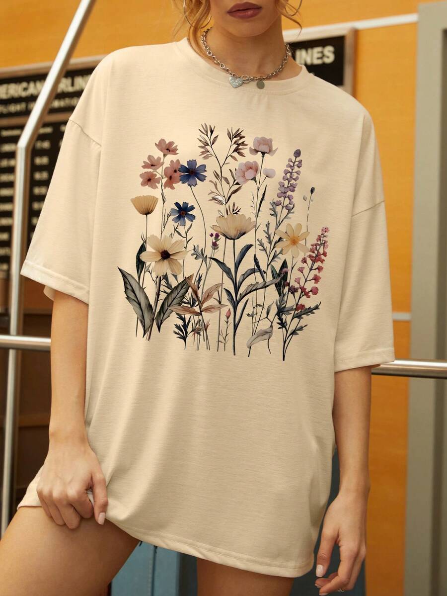 宽松休闲复古花卉花园爱好者图案 T 恤，适合夏季海滩装，女士纯色圆领短袖简约衬衫，日常休闲