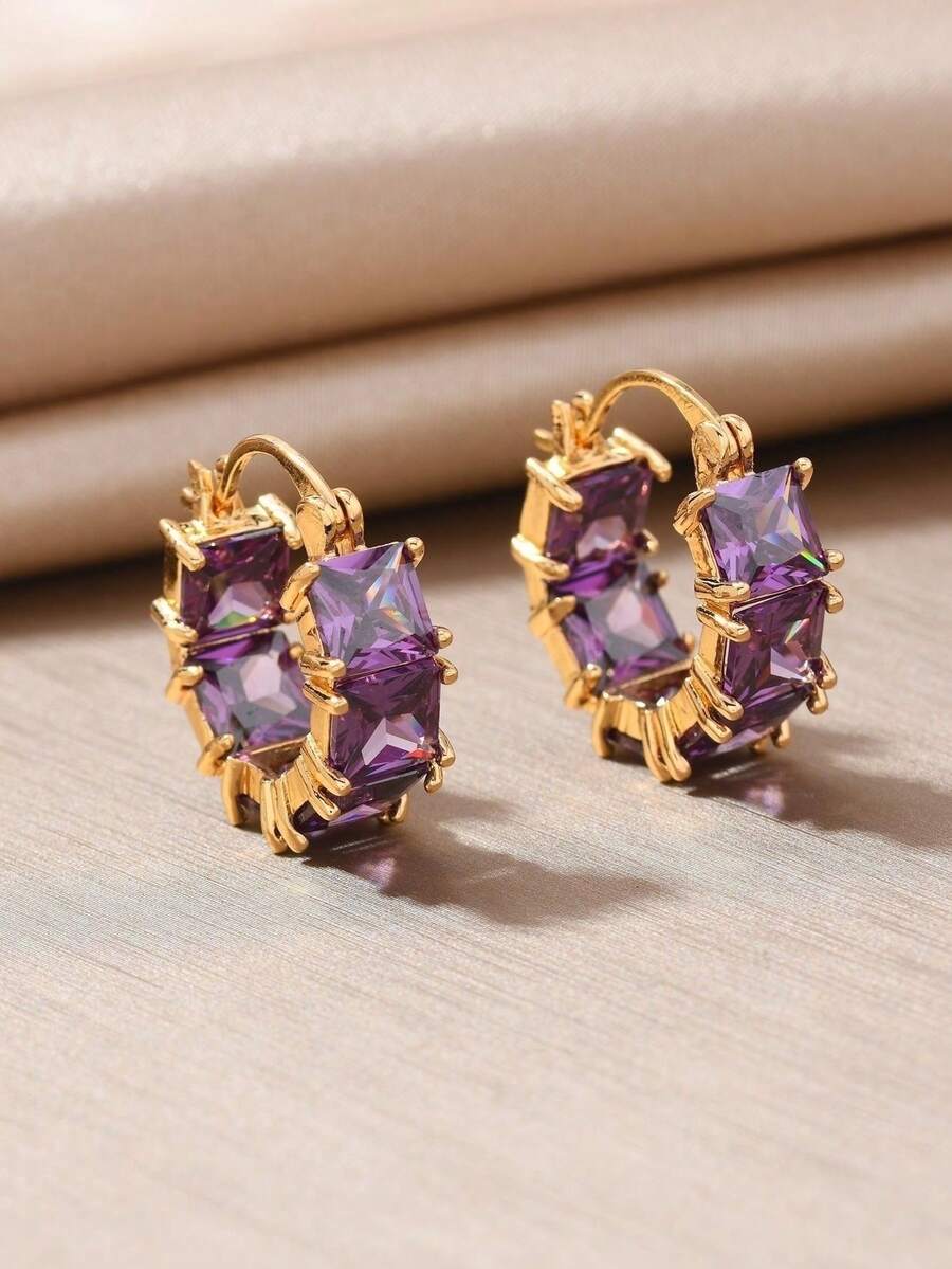 女士立方氧化锆耳环一对，简约时尚耳环，独特小众设计，日常佩戴耳环，生日礼物 - 紫色 - 查看 1
