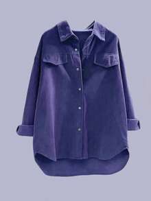 女士落肩长袖单排扣休闲宽松衬衫，秋季，长袖上衣 - 紫色 - 查看 1