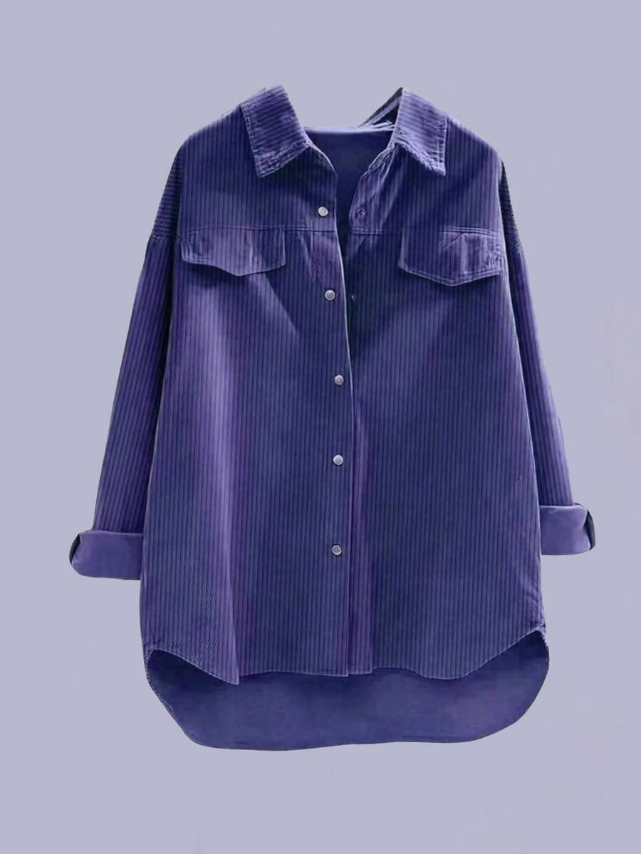 女士落肩长袖单排扣休闲宽松衬衫，秋季，长袖上衣 - 紫色 - 查看 1
