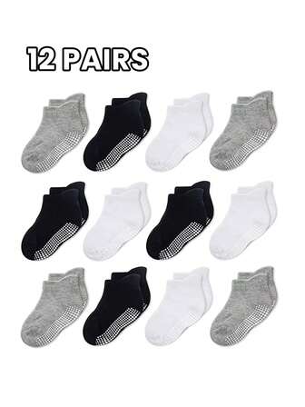 4 MORE WEI 12双装基础款黑白灰防滑圆点袜，适合幼儿，四季皆宜，简约经典设计，柔软面料，短袜款式，幼儿服装，父母之选