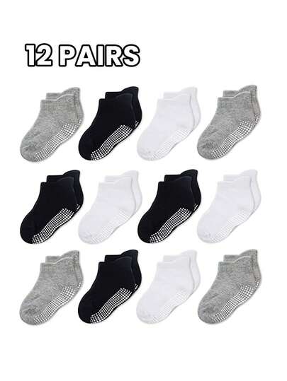 4 MORE WEI 12 Pairs Basic Black, White And Gray Non-Slip Dotted Socks, Suitable For Toddlers, All Seasons, Simple Classic Design, Soft Fabric, Short Sock Style, Toddler Clothing, Parents' Choice