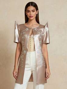 Amyenjoylife Modern Filipiniana Ladies' Elegant Standing Sleeve Printed Cardigan Mid Length Thin Top Jacket Filipiniana Inspired Top Blouse - Champagne - View 1