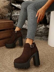 Botas de tobillo con plataforma y tacón alto grueso, versátiles y impermeables, de moda - Café integral - Ver 3