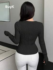 BuyK Women V-Neck Cable Knit Bodycon Cropped Pullover - Black - View 2