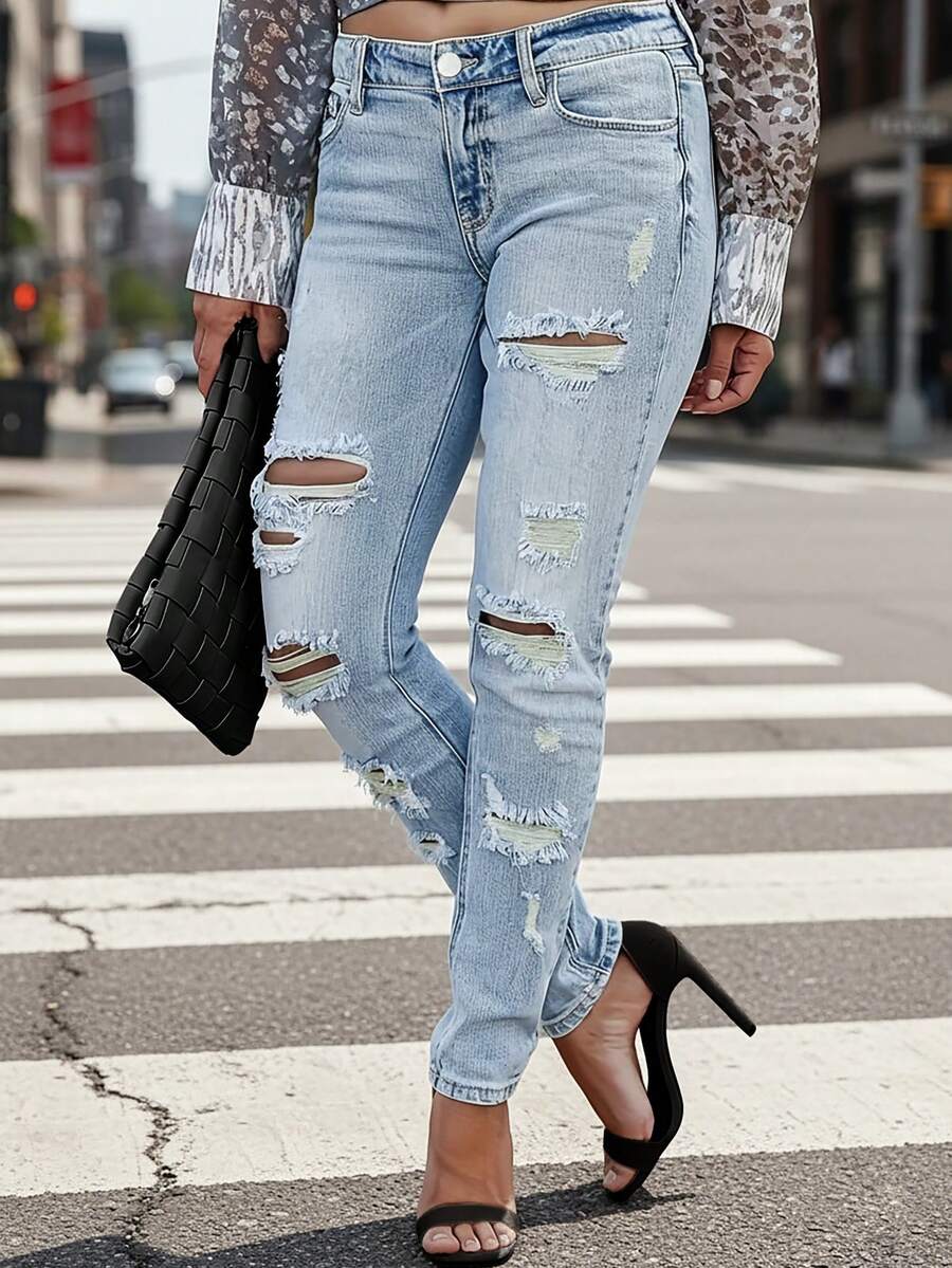 女式秋季低腰破洞休闲紧身裤 - 藍色 - 查看 1