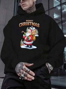 Sudadera con capucha con cordón y estampado de letras para hombre, para otoño - Negro - Ver 4