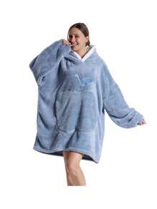 Oversized Hooded Sweatshirt Blanket, Women Loose Hooded Blanket, Super Soft & Warm, Front Apple Pocket Design, Unisex, Large Pocket, Comfortable Home Wear, Brown/Navy Blue/Red - Multicolor - View 12