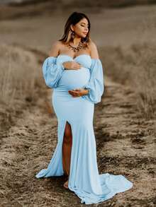 JustVH 2pcs Maternity Lantern Sleeve Tube Top & High Slit Maxi Dress, Suitable For Photo Shoot And Baby Shower - Baby Blue - View 7