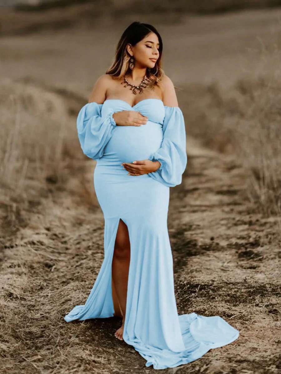 JustVH 两件套孕妇灯笼袖抹胸上衣和高开衩长裙，适合拍照和迎婴派对。 - 淺藍色 - 查看 1