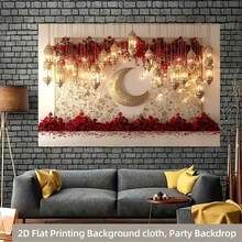 2D Polyester Ramadan Banner 1pc Exquisite Arabian - Themed Decor: Golden Crescent, Lanterns, And Red Roses Eid Al-Fitr Photo Props And Supplies, Suitable For Muslim Ramadan And Eid Al-Adha Celebrations, Islamic-Themed Holiday Decorations