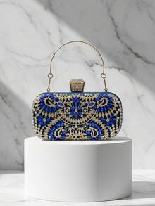 1pc Metal Handle Rhinestone Decor Evening Clutch Bag, Women's Gold Wedding Party Handbag, Chain Shoulder Bag, Compact Valentine's Day Gift - Blue - View 4