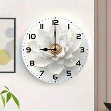 1pc Silent 3D Flower Wall Clock - Elegant White & Golden Round Clock, Decorative Battery Operated (AA Battery Not Included) Home, Kitchen, Living Room, Office, Wall Clock Living Room - Multicolor - View 1