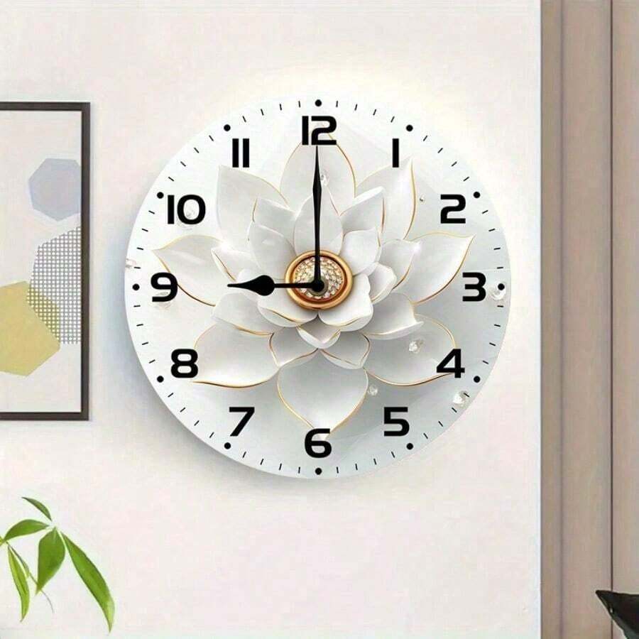 1pc Silent 3D Flower Wall Clock - Elegant White & Golden Round Clock, Decorative Battery Operated (AA Battery Not Included) Home, Kitchen, Living Room, Office, Wall Clock Living Room - Multicolor - View 1