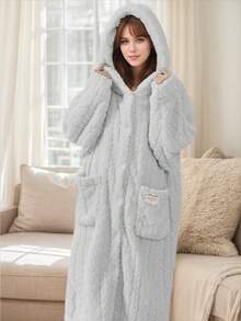 秋冬季女士法兰绒宽松加大码睡袍 - 睡衣，厚实保暖，柔软舒适，纽扣前襟，长袖，带帽，配有2个大口袋，长款睡袍家居服，浴袍，可机洗 - 彩色 - 查看 32