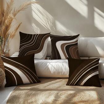 4pcs Brown & White Abstract Geometric Line Pattern Throw Pillow Covers, Soft Peach Velvet Fabric, Single-Sided Printing 45*45CM, Suitable For Home, Bedroom, Living Room, Sofa Decor, Holiday Gift