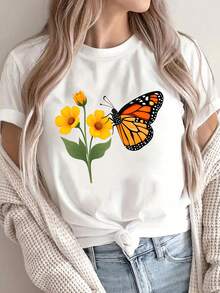 1pc Women's Casual Summer T-Shirt With Round Neck, Butterfly And Flower Print, Breathable Cotton Fabric, Regular Length - All Seasons - 白色的 - 查看 6