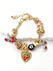 1pc Leopard Print Cherry Pendant Bracelet, Black 8 Ball Cherry Beaded Bracelet Leopard Print DIY Bracelet - Multicolor - View 7