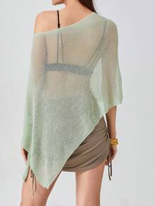 Women Sheer Poncho Top Lightweight Knit Crochet Shrug Bolero Mesh Batwing Sleeve Sweater Cover Up Beachwear - 綠色 - 查看 4