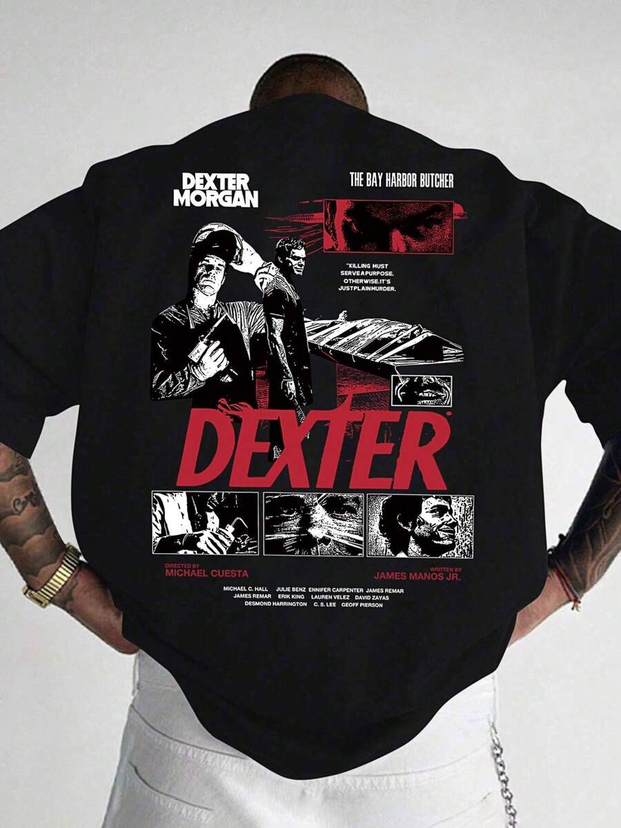 1pc Men's Fashion Printed Loose Short Sleeve T-Shirt | Exquisite Design | Summer Essential | Easy To Match, Showcase Vintage Poster Style - Black - View 1