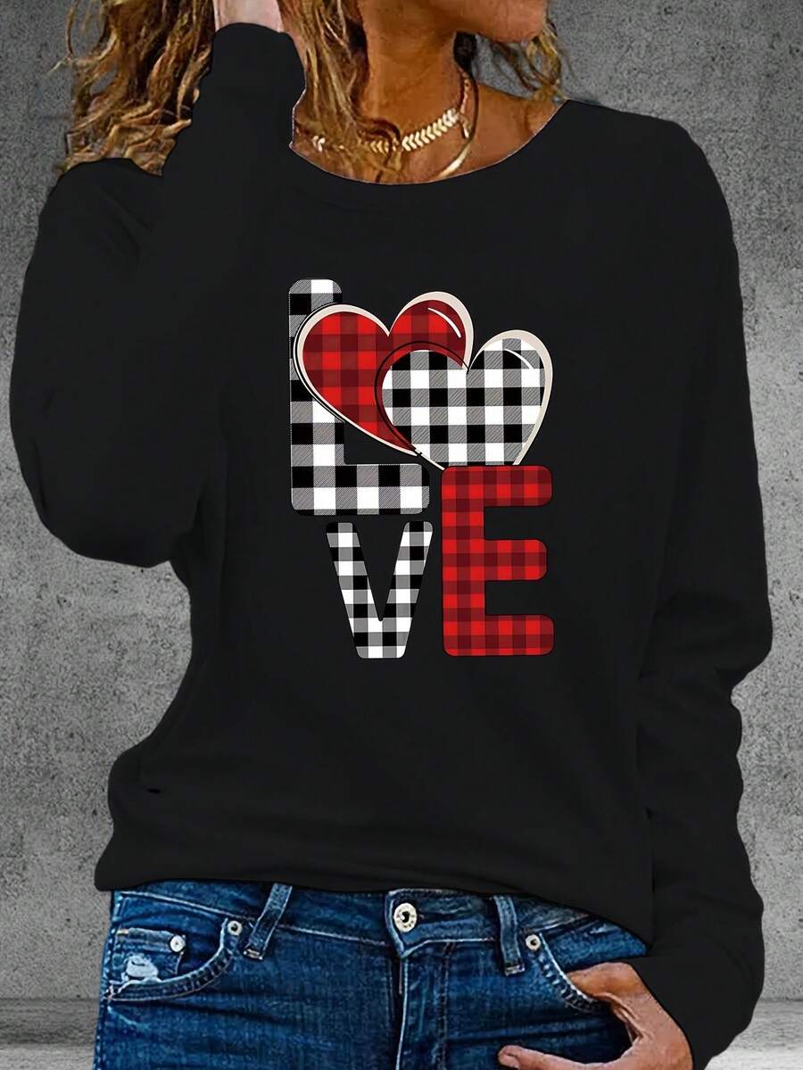 Christmas Christmas Outfit Women Fall Clothes For Womenpc Women'S Valentine'S Day Long Sleeve Crew Neck T-Shirt - Casual Polyester Knit Fabric Top With Heart Applique Design For Spring & Fall Long Sleeve Tops Women Winter Clothes For Women Ropa De Invierno Mujer - 黑色 - 查看 1