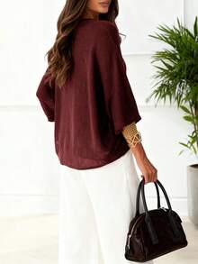 Women's New V-Neck Crochet Hollow Semi-Sheer Drop Shoulder Button Up Cardigan, Casual Fashionable Basic Lightweight Loose Knit Top, Suitable For Spring, Summer, Autumn - Burgundy - View 4