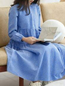 女童格子长袖休闲连衣裙，宽松版型，甜美风格，适合春秋季派对礼物 - 藍色 - 查看 3