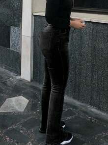 Plus Size Women Distressed Elastic Skinny Flare Jeans Casual Black Spring - Black - View 3