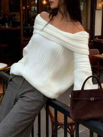Women's New Style All White Off The Shoulder Fashionable And Casual Long Sleeves Top, Exquisite Pit Soft And Comfortable Suitable For Multiple Scenes Going Out Knit Sweater, Fall And Winter