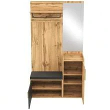 Compact Wardrobe With Mirror And Bench, Hallway Wardrobe With Shoe Cabinet And Hooks, Coat Hooks, Compact Wardrobe, Hallway Furniture Set, Hallway Wardrobe In Wood Look - Natural Color - View 6
