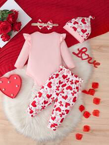 4pcs/Set Baby Girls Valentine's Day Outfit, Includes Cute Letter Print Bodysuit, Heart & Bow Print Pants, Headband & Hat - Pink - View 2
