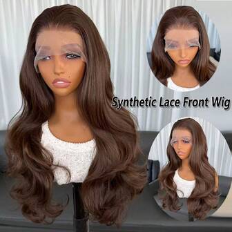 Peruki syntetyczne Kanekalon Futura Hair w kolorze czekoladowego brązu, 13x4, z koronką z przodu, dla kobiet, 22 cale, długie, falowane, bezklejowe, odporne na klej, syntetyczne, z przedziałkiem na środku, 150% gęstości, modne, damskie, dziewczęce, na imprezę, na wakacje, do makijażu, do codziennego noszenia, bezklejowe, odporne na ciepło, z włókna.