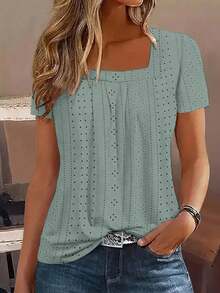 刺绣方领 T 恤，休闲短袖前褶上衣，春夏季优雅女装