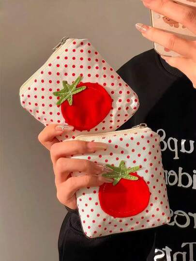 1pc Red Polka Dot Tomato Coin Purse Mini Bag Korean Version Compact And Portable Lipstick Headphone Bag Storage Bag,Storage Organizer,Travel Essential