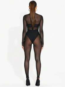 European And American Style Long-Sleeved Mesh Trousers 2025 Spring Ins New Women's Sexy Transparent Jumpsuit - 黑色 - 查看 4