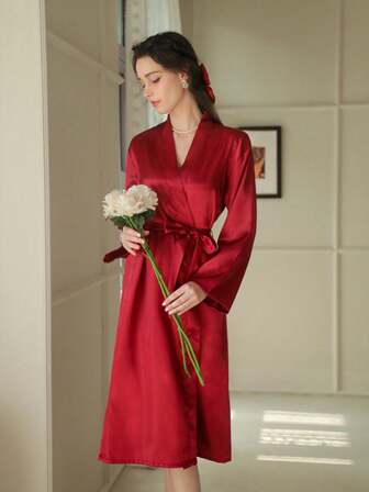 Slumberist 女士优雅仿丝蕾丝边饰撞色袖口长睡袍，舒适优雅细节，秋季